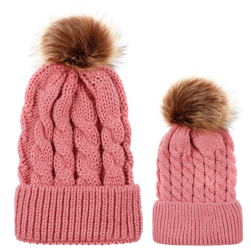 Mummy and Baby Matching Cable knit Hat with Pom Pom