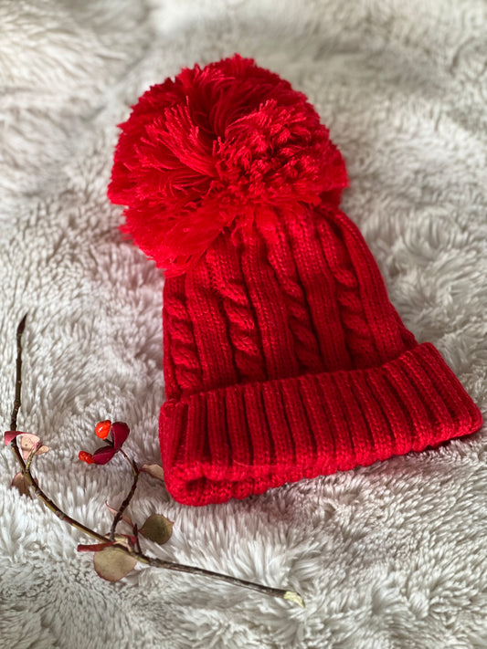 Red Pom Pom Baby Hat (0-6 months)