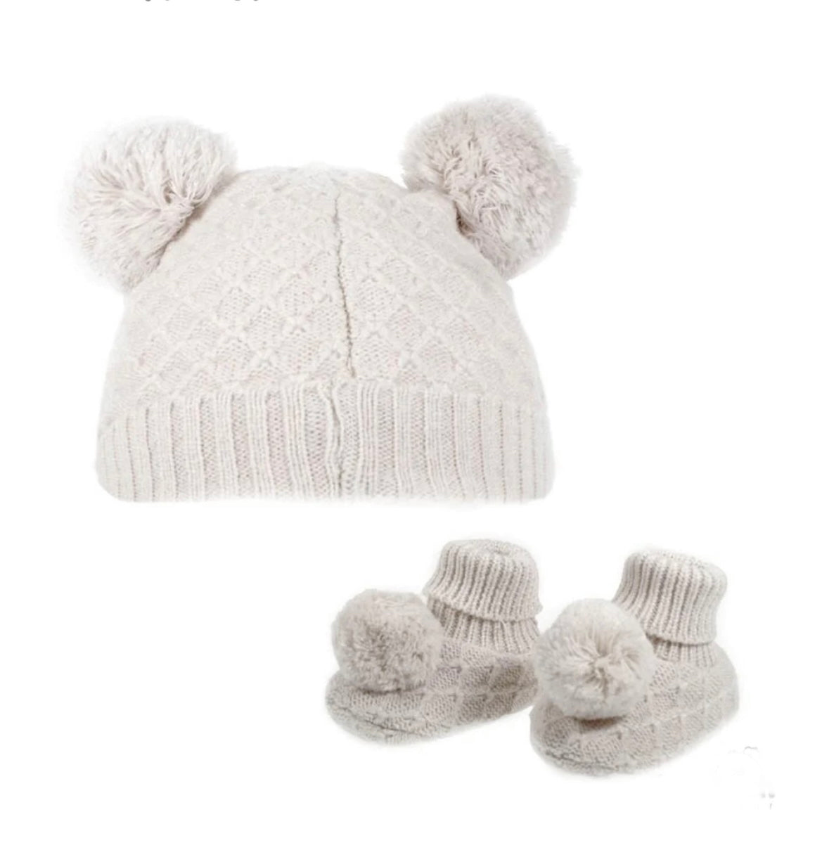 Diamond Knitted Baby Pom Pom Hat and Booties