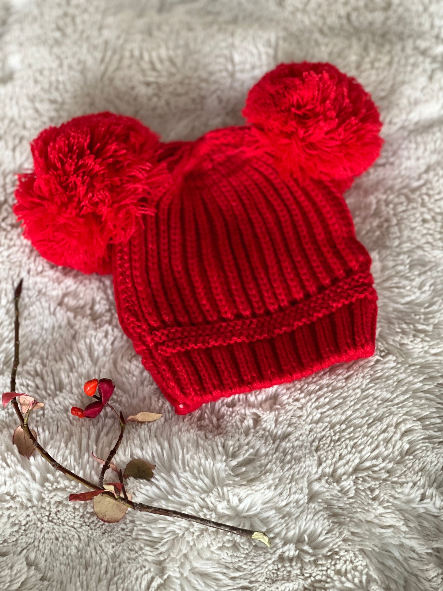 Red Pom Pom Baby Hat (0-6 months)