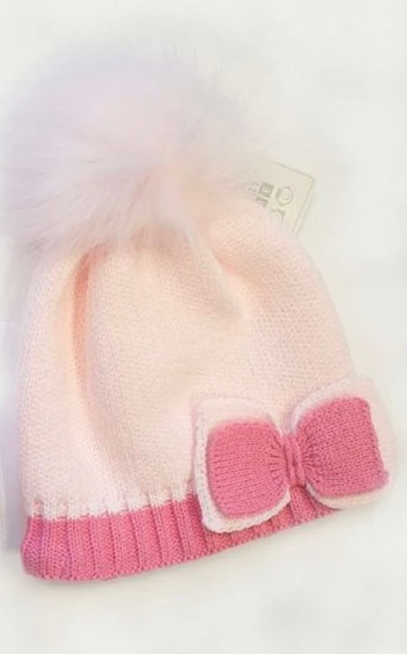 Pink Bow Hat with Pom Pom and Cotton Lining.