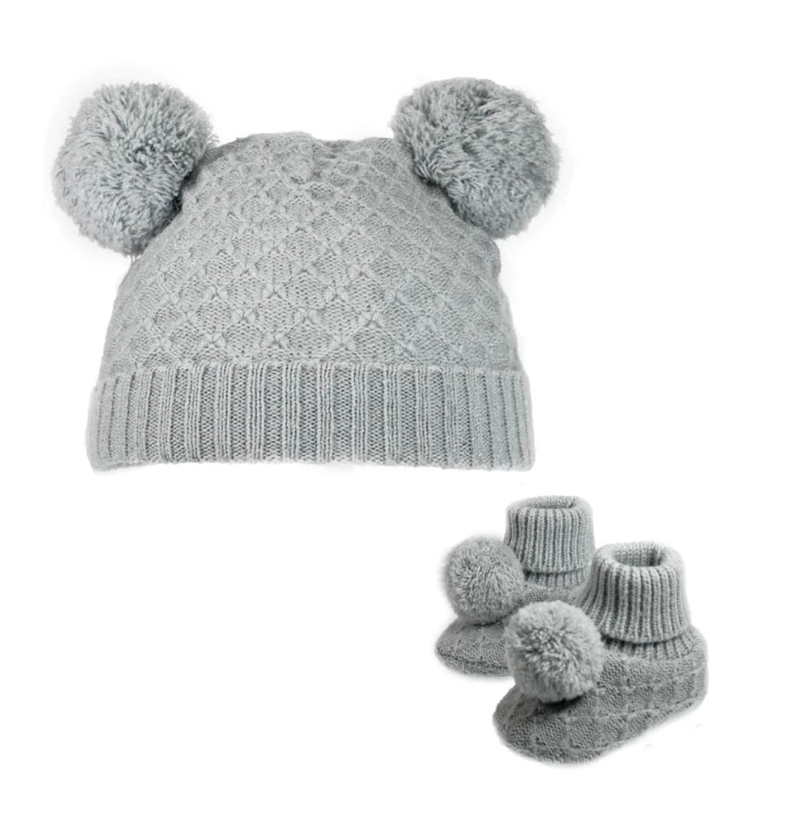 Diamond Knitted Baby Pom Pom Hat and Booties