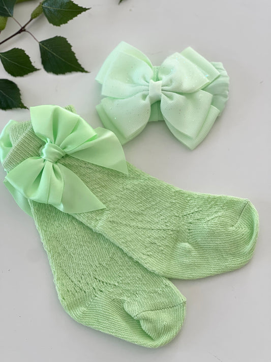Mint glitter bow with matching mint knee high bow socks